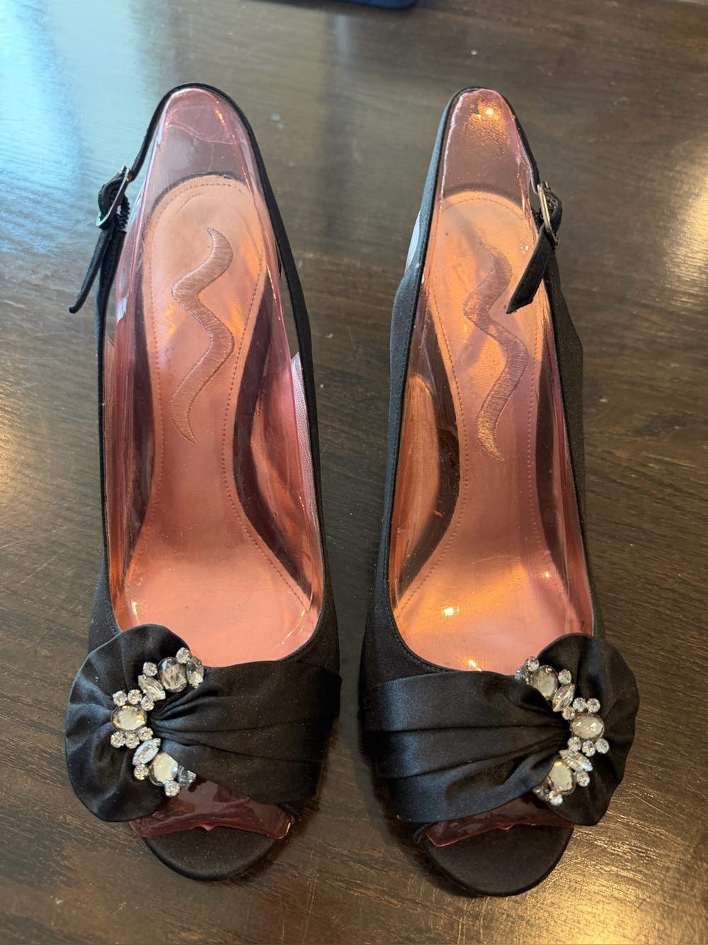 Nina Black Satin Peep-Toe Heels with Crystal Accent 8.5